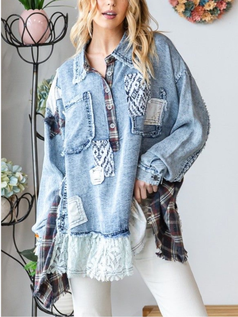 Oli & Hali Light Blue Patchwork Oversized Shirt